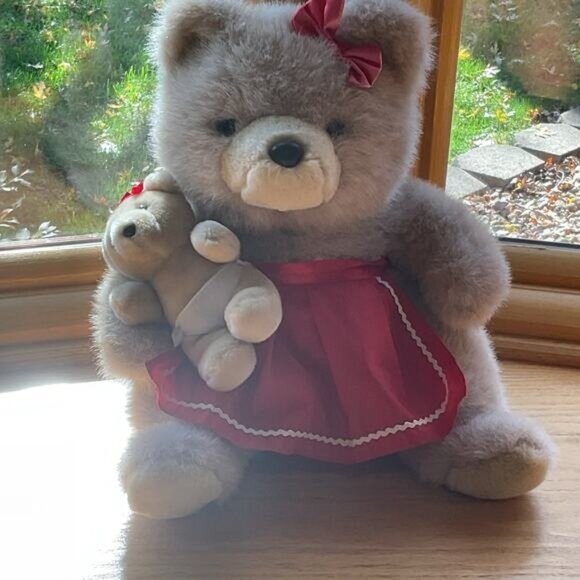 Shopco Cuddly Mother & Baby Bear Plush Set With Red Dress & Bows - Picture 2 of 8
